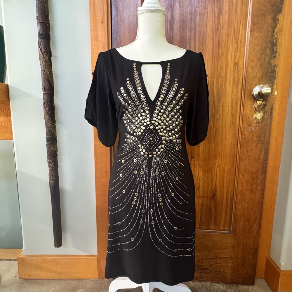 Bisou Bisou Michele Bohbot Black Embellished Low V-Neck, Bodycon  Dress (M)(6) - Picture 10 of 13